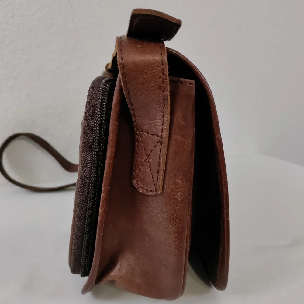 Leaders In Leather Vntg Tooled Leather Pony Hair Flap Messenger Crossbody Bag